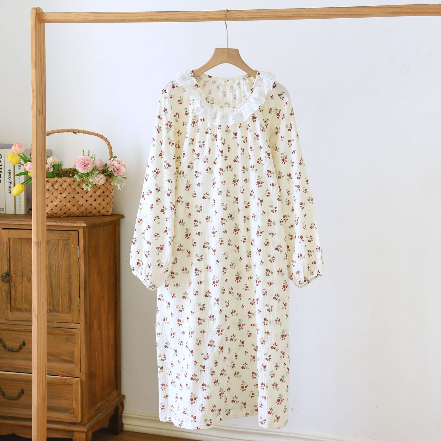 Women's Long Sleeve Cotton Nightdress with Lace Trim