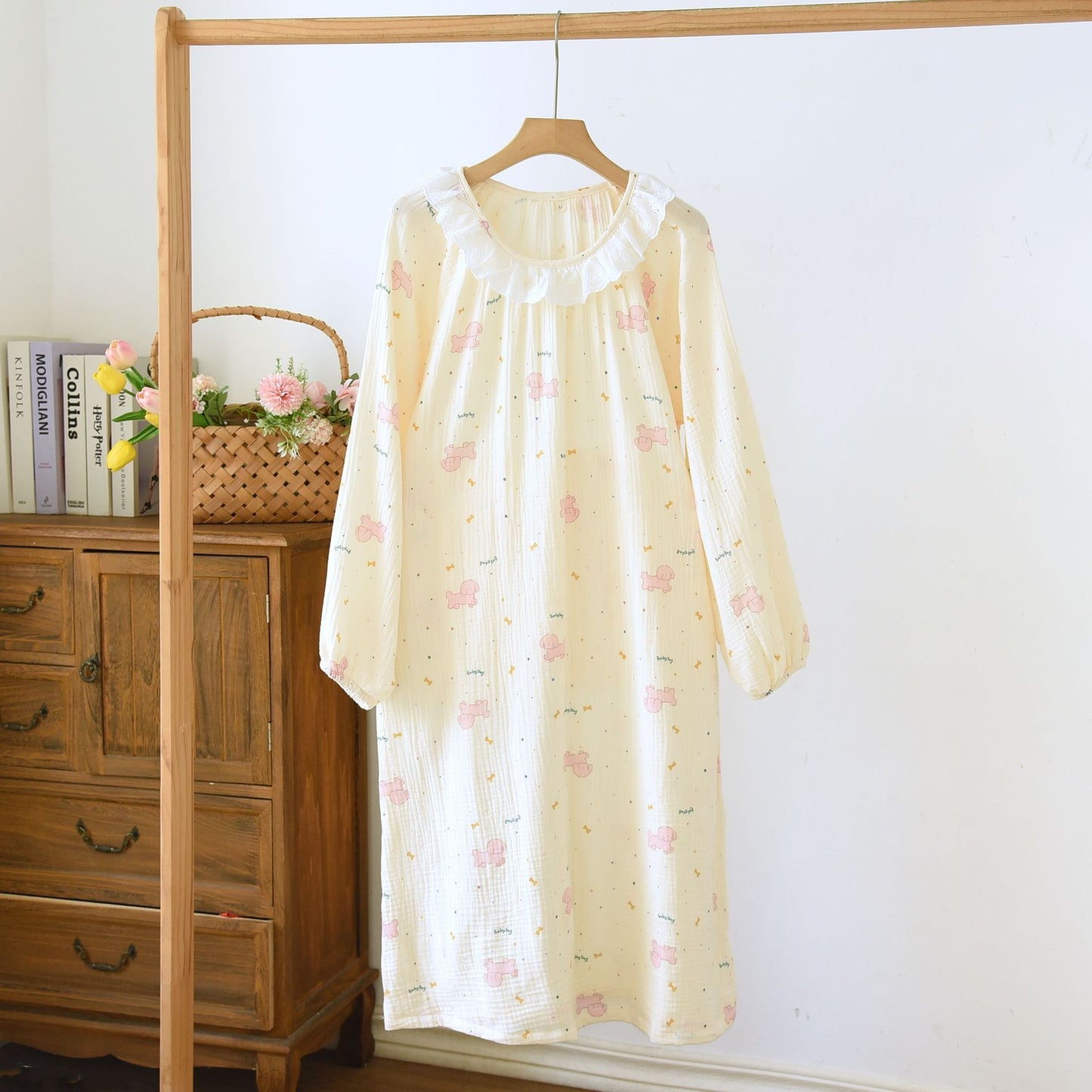 Women's Long Sleeve Cotton Nightdress with Lace Trim