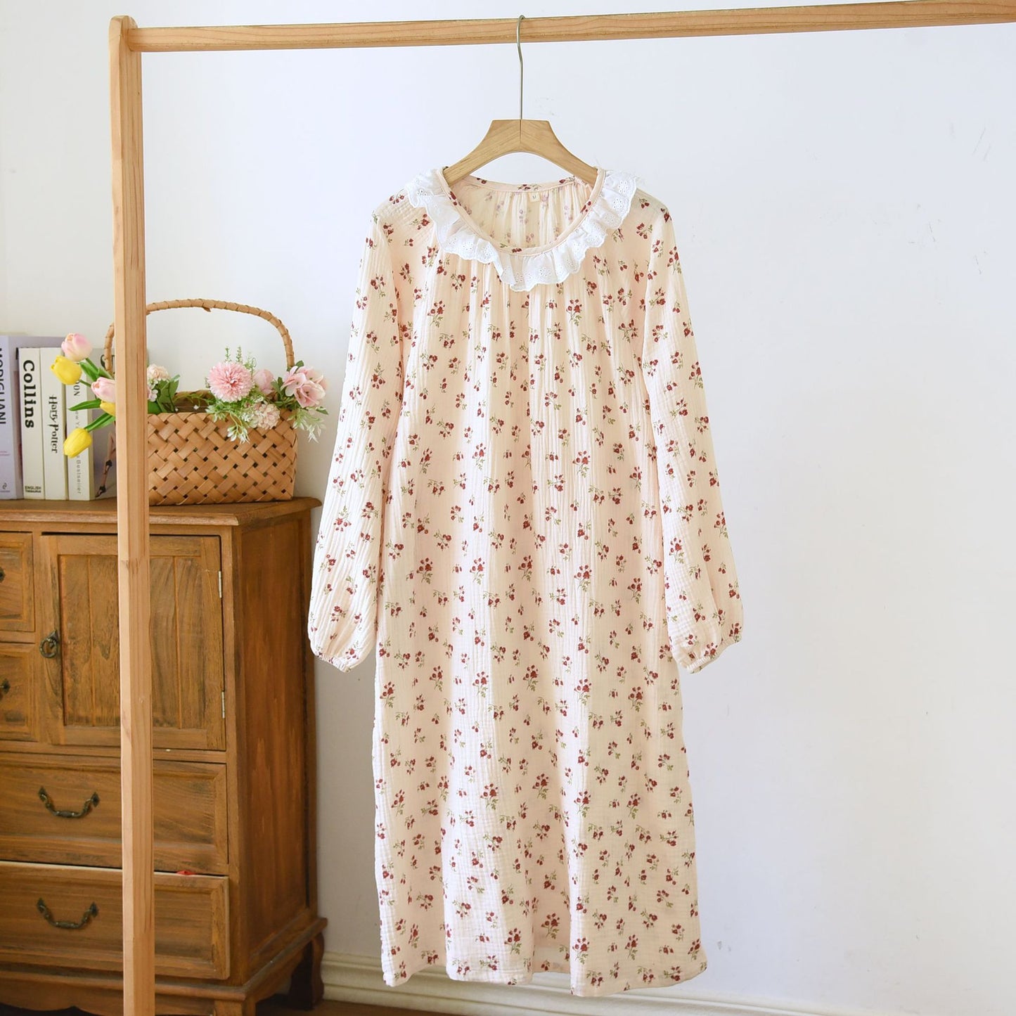 Women's Long Sleeve Cotton Nightdress with Lace Trim