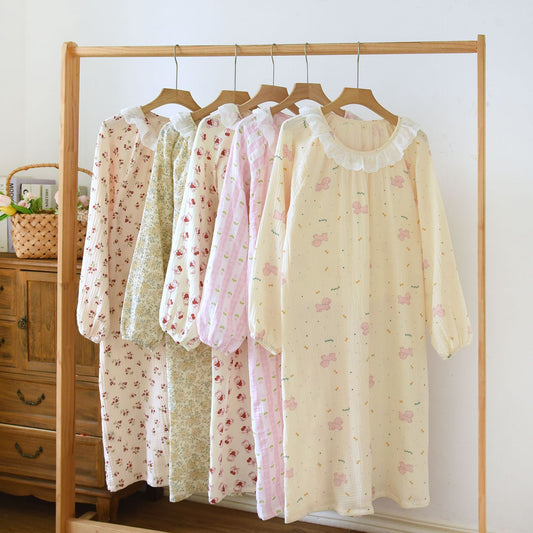 Women's Long Sleeve Cotton Nightdress with Lace Trim