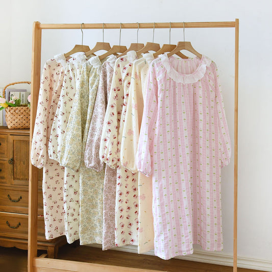 Women's Long Sleeve Cotton Nightdress with Lace Trim