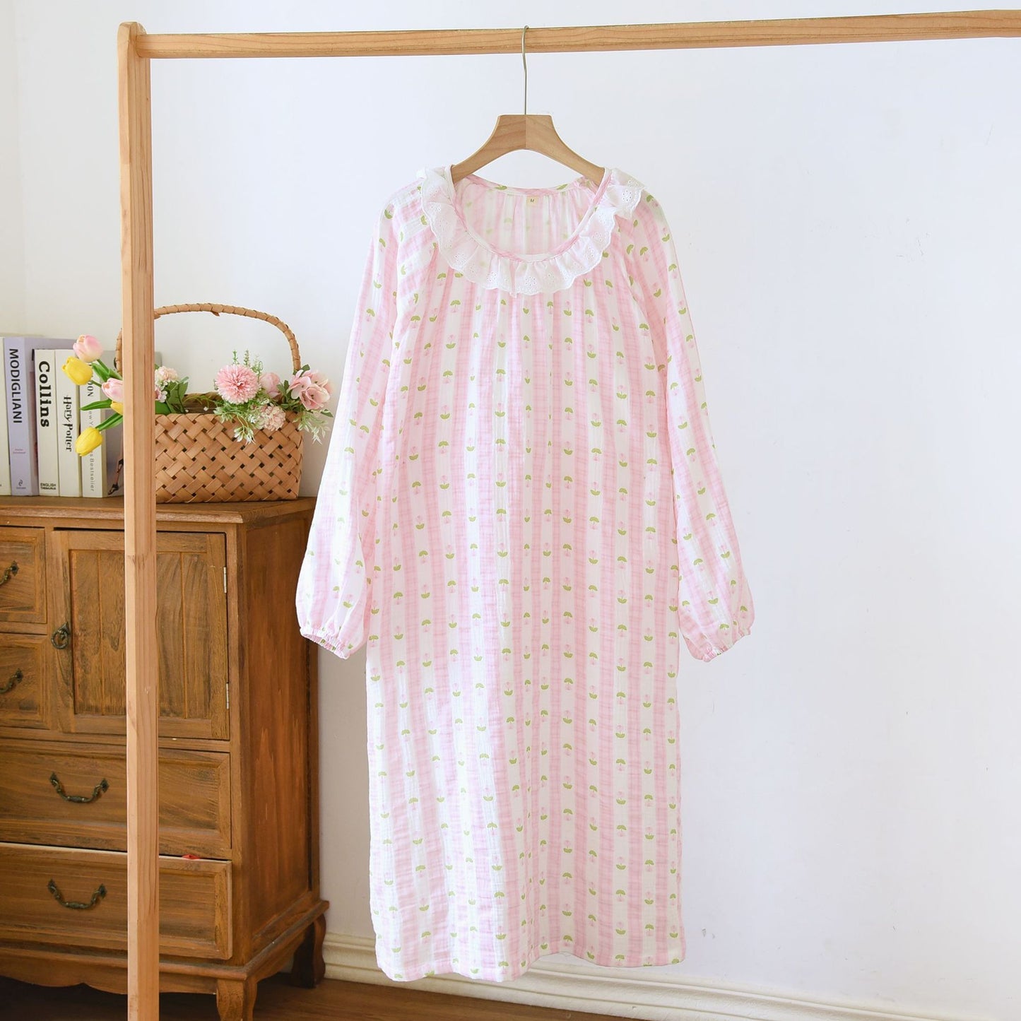 Women's Long Sleeve Cotton Nightdress with Lace Trim