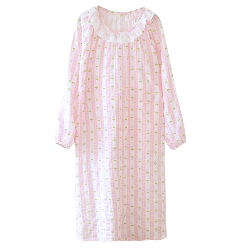 Women's Long Sleeve Cotton Nightdress with Lace Trim