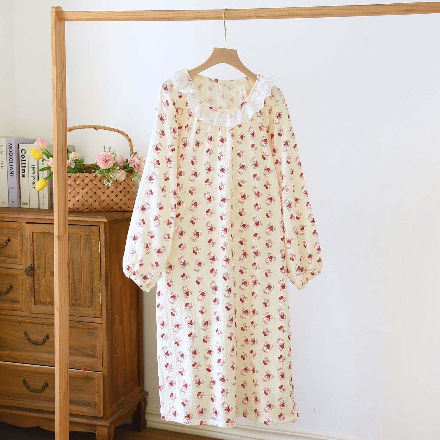 Women's Long Sleeve Cotton Nightdress with Lace Trim