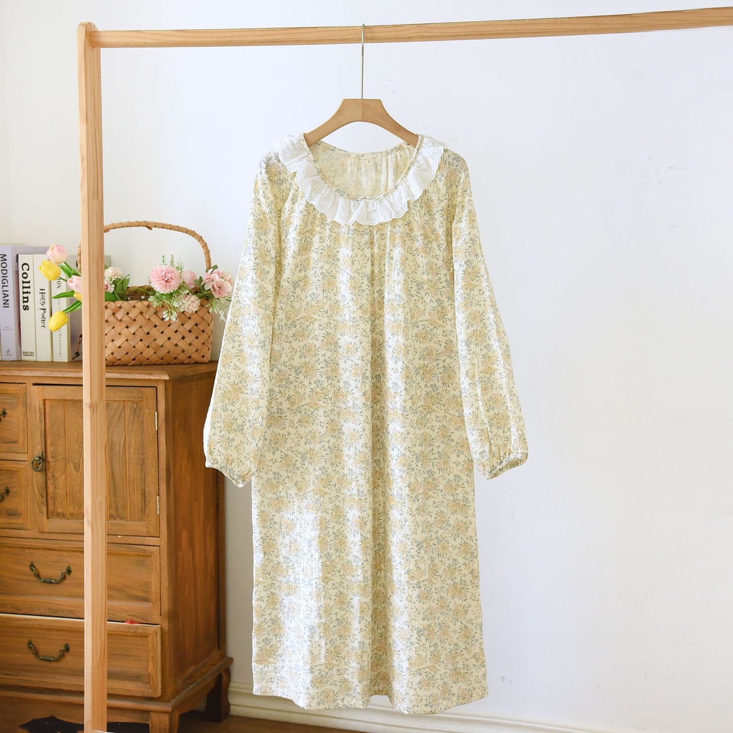 Women's Long Sleeve Cotton Nightdress with Lace Trim