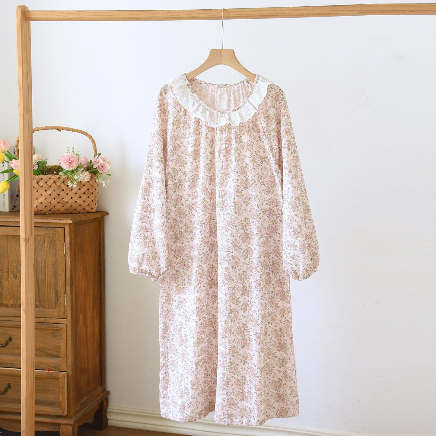 Women's Long Sleeve Cotton Nightdress with Lace Trim